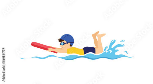 Cartoon illustration of a young boy wearing a swim cap and goggles learning to swim and kick in the water with a red kickboard.