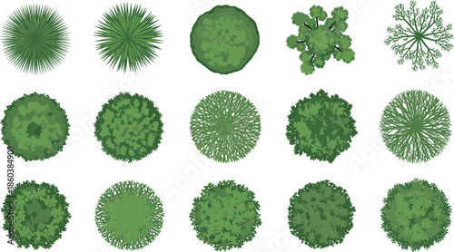 Top view tree and bush canopy set featuring green landscape foliage elements for garden planning and vector design projects