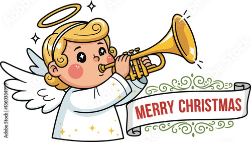 Cartoon Angel Playing Trumpet Merry Christmas.