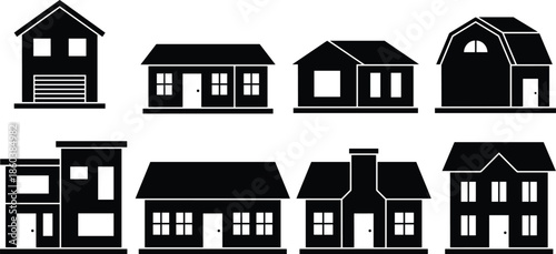 Residential house silhouette icons set featuring modern homes cottages and suburban buildings for real estate architecture design and property branding