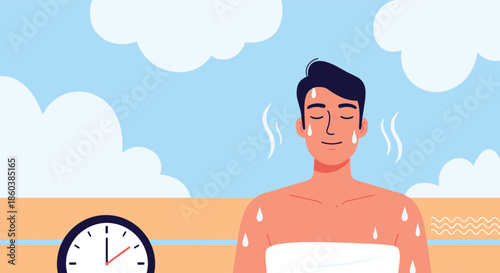 Relaxed man with his eyes closed sweating in a hot sauna, enjoying the heat for health and wellness benefits with a clock nearby.
