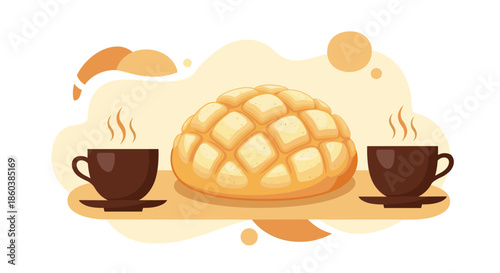 Warm and inviting illustration of a Japanese melon pan, a sweet bun, served between two steaming cups of coffee or tea.