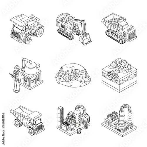 Isometric mining industry illustrations: excavators, dump trucks, factories, and raw materials.