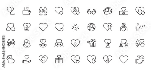 Charity and donation line icons set including heart symbols medical help and social support