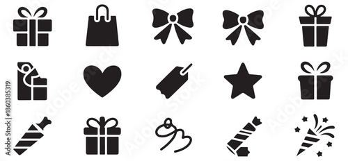Festive celebration silhouette icons including bows stars heart and various gift box shapes
