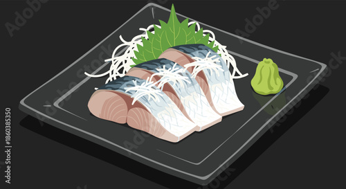 Slices of beautifully prepared shime saba, or cured mackerel sashimi, served on a black plate with wasabi and garnishes.