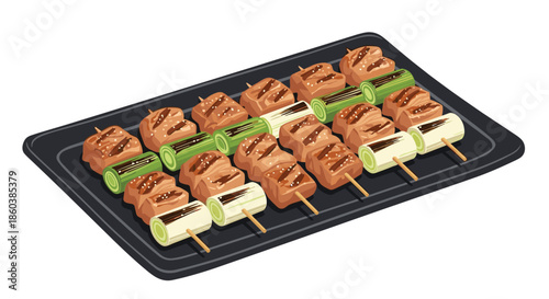 Delicious grilled Japanese yakitori skewers, specifically negima with chicken and leek, arranged on a rectangular black plate.