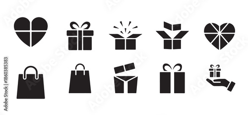 Set of gift and shopping icons with abstract heart and open boxes in flat style