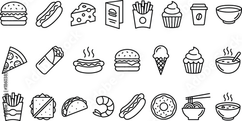 Fast food outline icons set including burgers snacks desserts and drinks for restaurant menu cafe mobile app and branding design