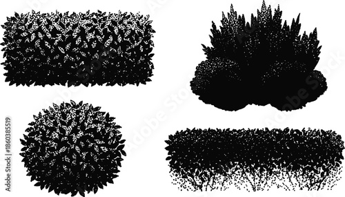 Set of garden bush vector silhouettes, black shrub collection with leaf texture, isolated nature plant icons, landscape design elements for park decoration
