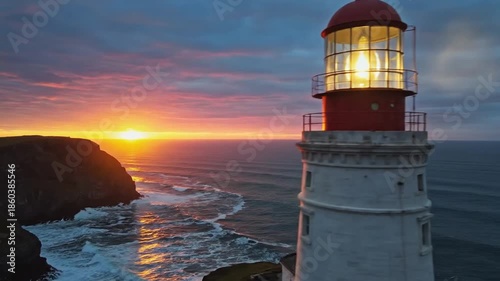 Wallpaper Mural A stunning sunset view of a lighthouse illuminating the coastline, with waves crashing against the cliffs, creating a serene atmosphere perfect for travel enthusiasts and nature lovers Torontodigital.ca