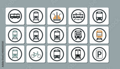 Collection of Minimalist Vector Icons for Public Transportation including Bus, Train, Metro, Tram, Bicycle, and Parking Symbols on a Grey Background