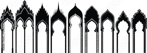 Set of Islamic arch silhouettes, Arabic door and window vector illustration collection, black mosque architecture design elements for Ramadan or Eid.