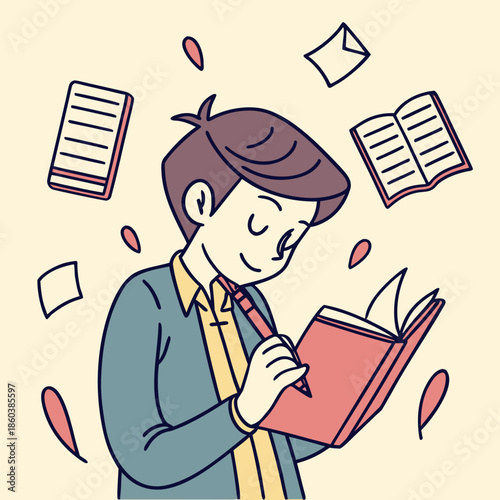 Young student writing in a book surrounded by flying papers