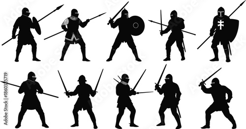 Set of medieval knights, gladiators, and warriors silhouettes in aggressive combat poses with swords, shields, and spears 