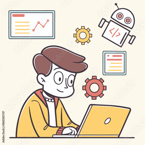 Young coder working on laptop with robot and data charts