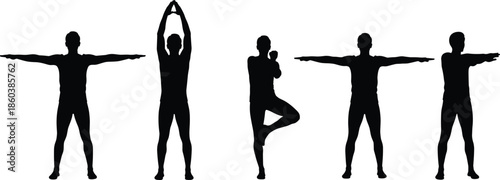Set of men in stretching and yoga exercise poses silhouette vector collection, health, fitness, and active lifestyle icons, workout routines, and physical training 