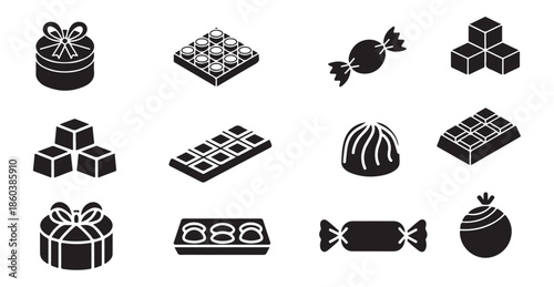 Assortment of solid black chocolate treats including bars boxes and wrapped candies icons