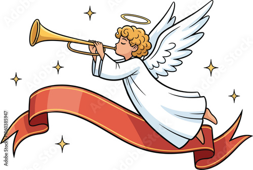 Angel Playing Trumpet with Ribbon Banner.