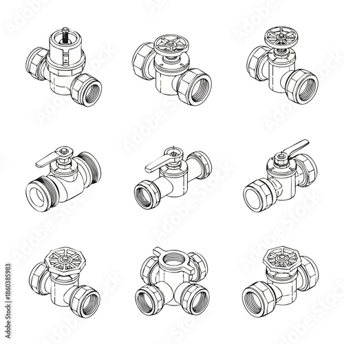 Set of industrial plumbing valves, isometric line drawings for technical illustration, plumbing and construction.