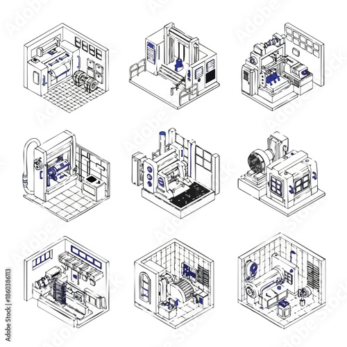 Set of isometric line drawings of industrial machinery. Manufacturing and factory equipment illustration.