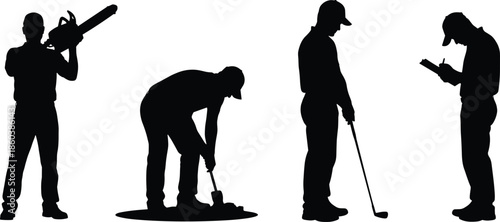 Set of men silhouettes engaged in diverse activities vector collection, golf, manual labor, logging with a chainsaw, and clipboard note-taking icons, work and leisure lifestyle design.