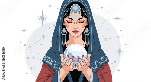Mysterious fortune teller or gypsy woman with closed eyes gazing into a glowing crystal ball to predict the future.