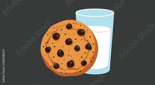 Classic comfort food pairing of a large chocolate chip cookie next to a tall glass of fresh milk on a dark background.