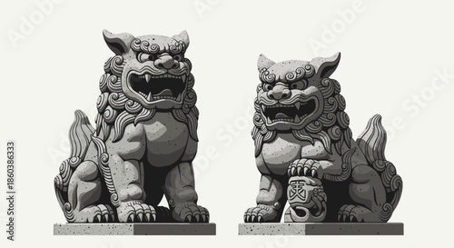 Detailed illustration of a pair of traditional Komainu or Shisa guardian lion-dog statues, one with mouth open and one closed.