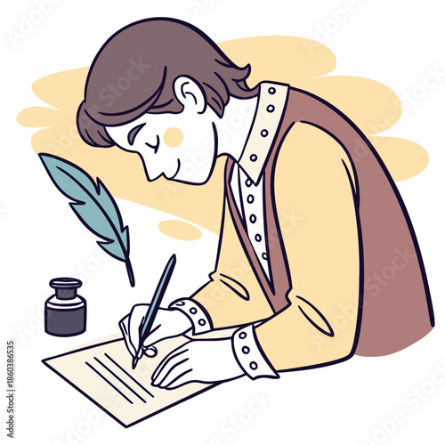 Young person writing with quill and ink