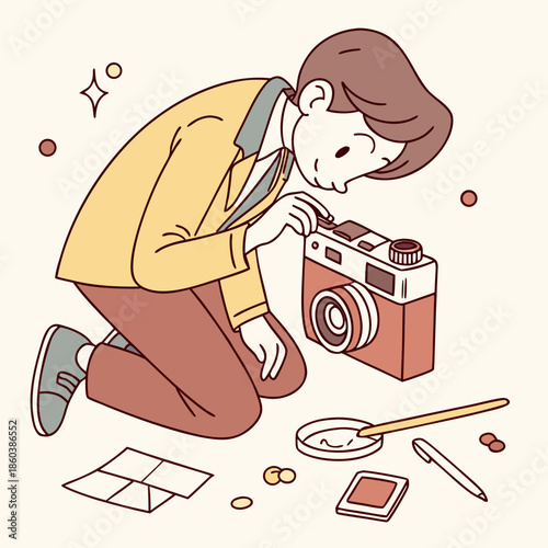 Young photographer adjusting vintage camera while kneeling
