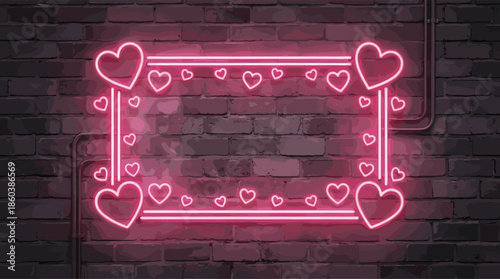Glowing pink neon heart frame vector illustration on dark brick wall background for Valentines Day romantic signs and wedding backdrops