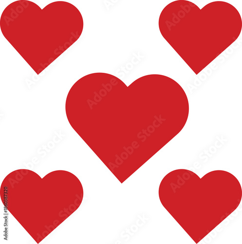 Red heart icon. A vibrant cluster of red heart shapes symbolizing love and affection on a pure white background. This graphic features five distinct red heart shapes arranged against a pristine white 