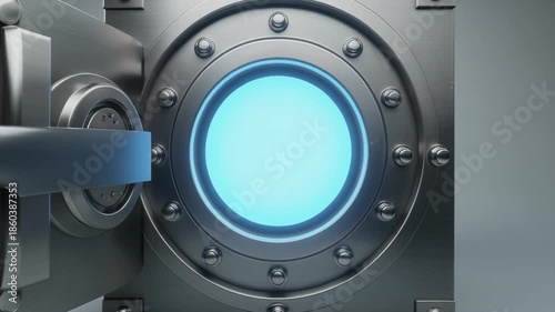 Vault door opening with glowing blue light