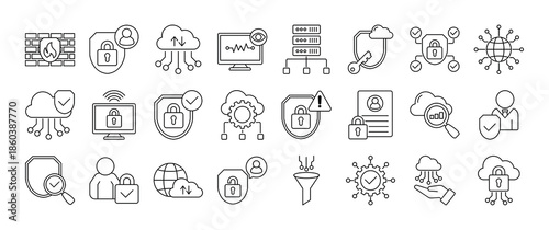 Minimalist outline icon set of secure access service edge SASE and cloud networking. Features icons for VPN, encryption, threat detection, and digital privacy. Fully editable vector graphics for profe