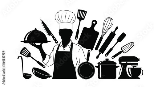 Chef silhouette with kitchen utensils and equipment