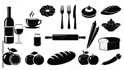 Assorted food and drink icons in black silhouette