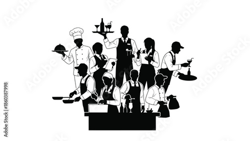 Restaurant staff working together silhouette