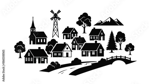 Serene village landscape with windmill and church