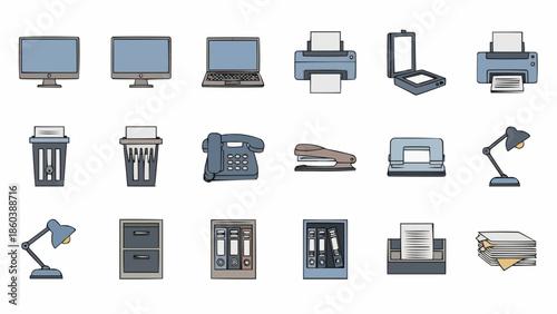 Office Equipment Icons - Desktops, Printers, and Supplies.