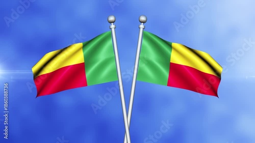 Benin Crossed Flags Waving in Blue Sky Loop Animation | Realistic 3D National Flag Background