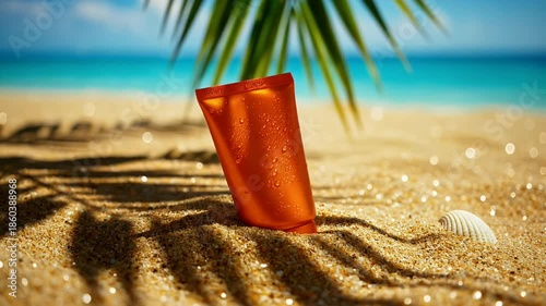 Sunscreen Bottle on Sandy Beach with Palm Tree Shadow and Ocean View.
