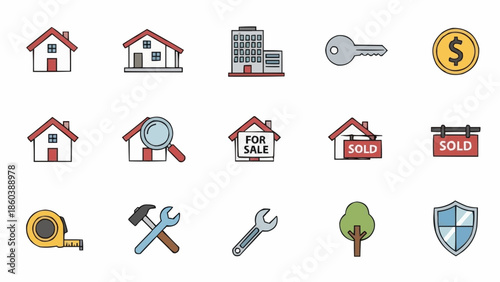 Real Estate and Home Improvement Icon Set - Houses, Tools, and Symbols.