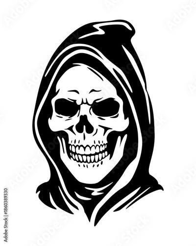 Grim reaper skull illustration in black and white, hooded skeleton symbol of death, death personification drawing concept for tattoo and t-shirt design,
