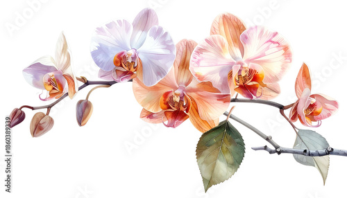 Branch of orchids with various shades of pink and peach blooms, detailed and bright