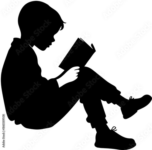 Child Reading a Book Silhouette - Little Boy Student Learning and Education Vector