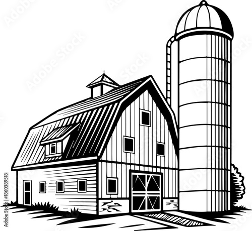 Traditional Farm Barn and Grain Silo Illustration - Rural Agriculture and Ranch Concept