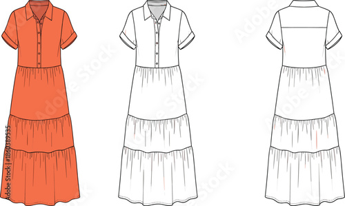 Women button front maxi dress technical flat sketch, short sleeves, tiered skirt, front and back views, vector illustration