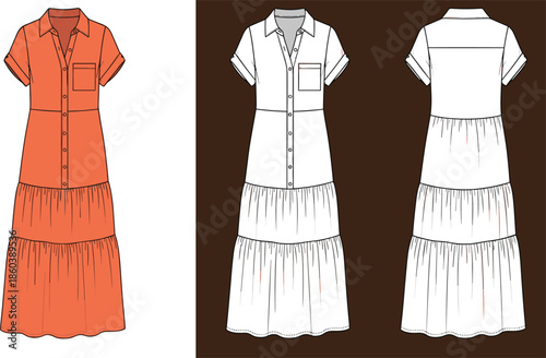 Women button down maxi dress technical flat sketch, short sleeves, tiered skirt, front and back view, vector illustration