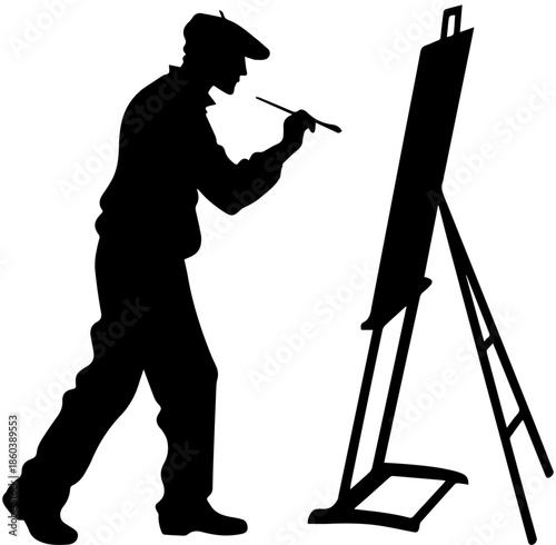 Silhouette of Artist Painting on Canvas Easel - Creative Studio and Fine Art Concept